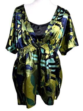 Y2K Fairy Apt. 9 Top Womens XL Blouse Multicolor Stretch Satin Waist Blouson Flo